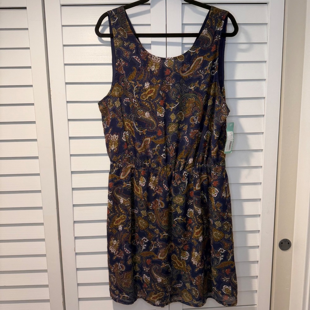 41 Hawthorn Navy Paisley‎ Tadita Dress XL Sleeveless Elastic Waist Knee Length